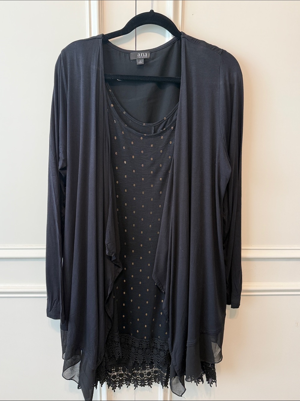 a.n.a Black Layered Open-Front Tunic with Lace Hem and Dot Detail